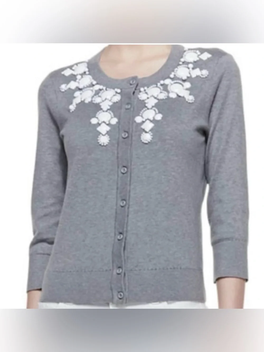 Kate Spade Cardigan Sweater Cotton Silk Cashmere Beaded Jewel Gray Size XS